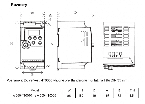 rozměrový výkres frekvenční měnič A550 4T0040-0055