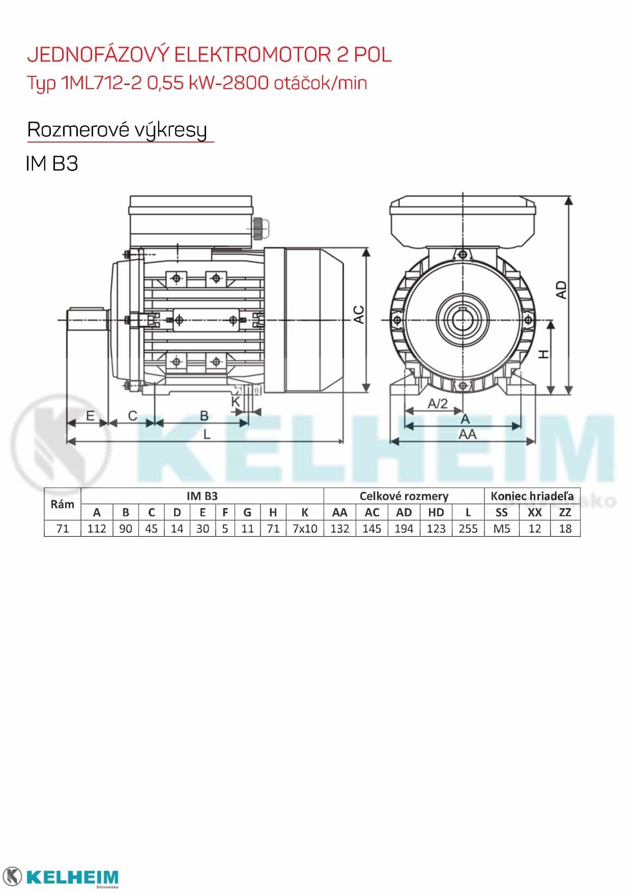 rozměrový výkres - jednofázový elektromotor 0,55kw