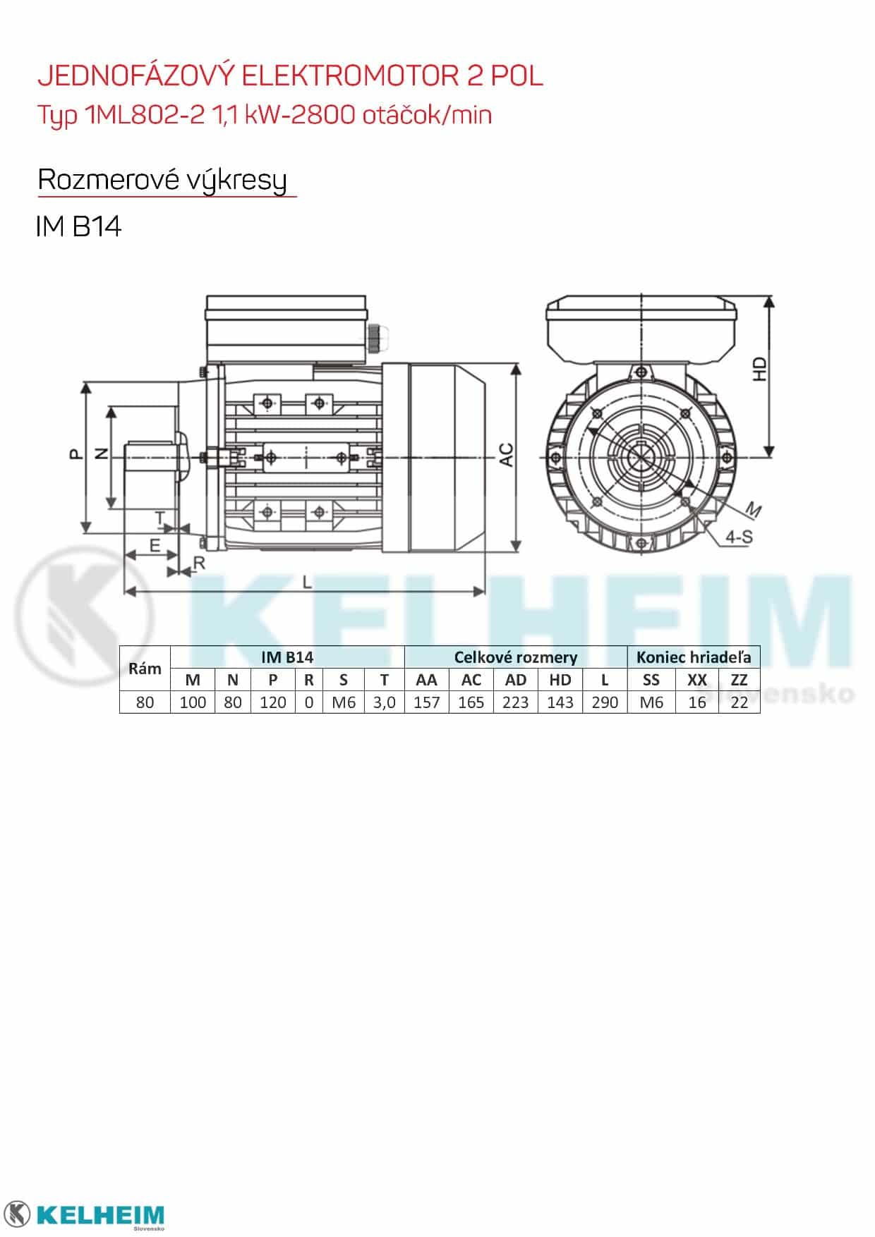 rozměrový výkres - jednofázový elektromotor 1,1kw