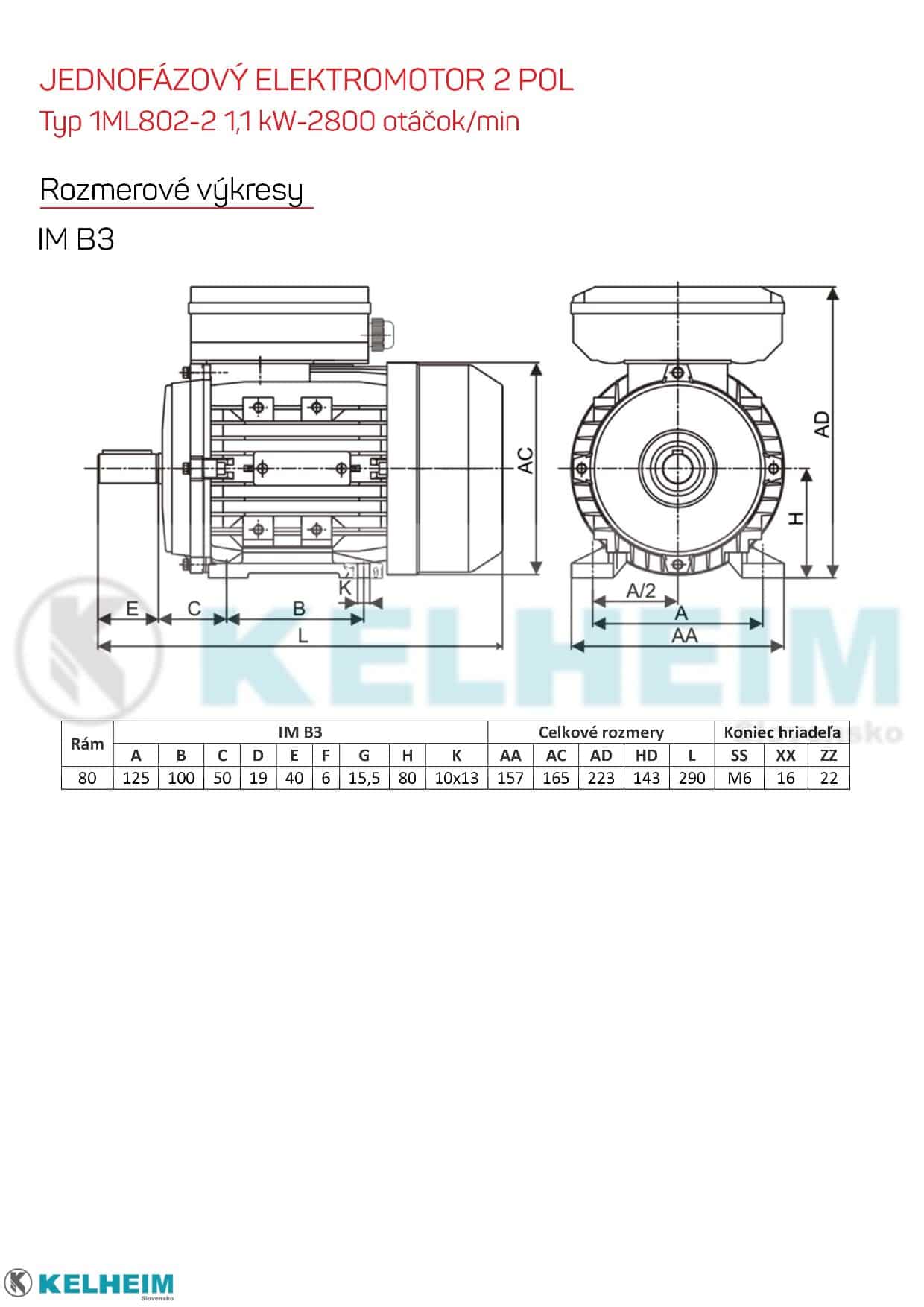 rozměrový výkres - jednofázový elektromotor 1,1kw