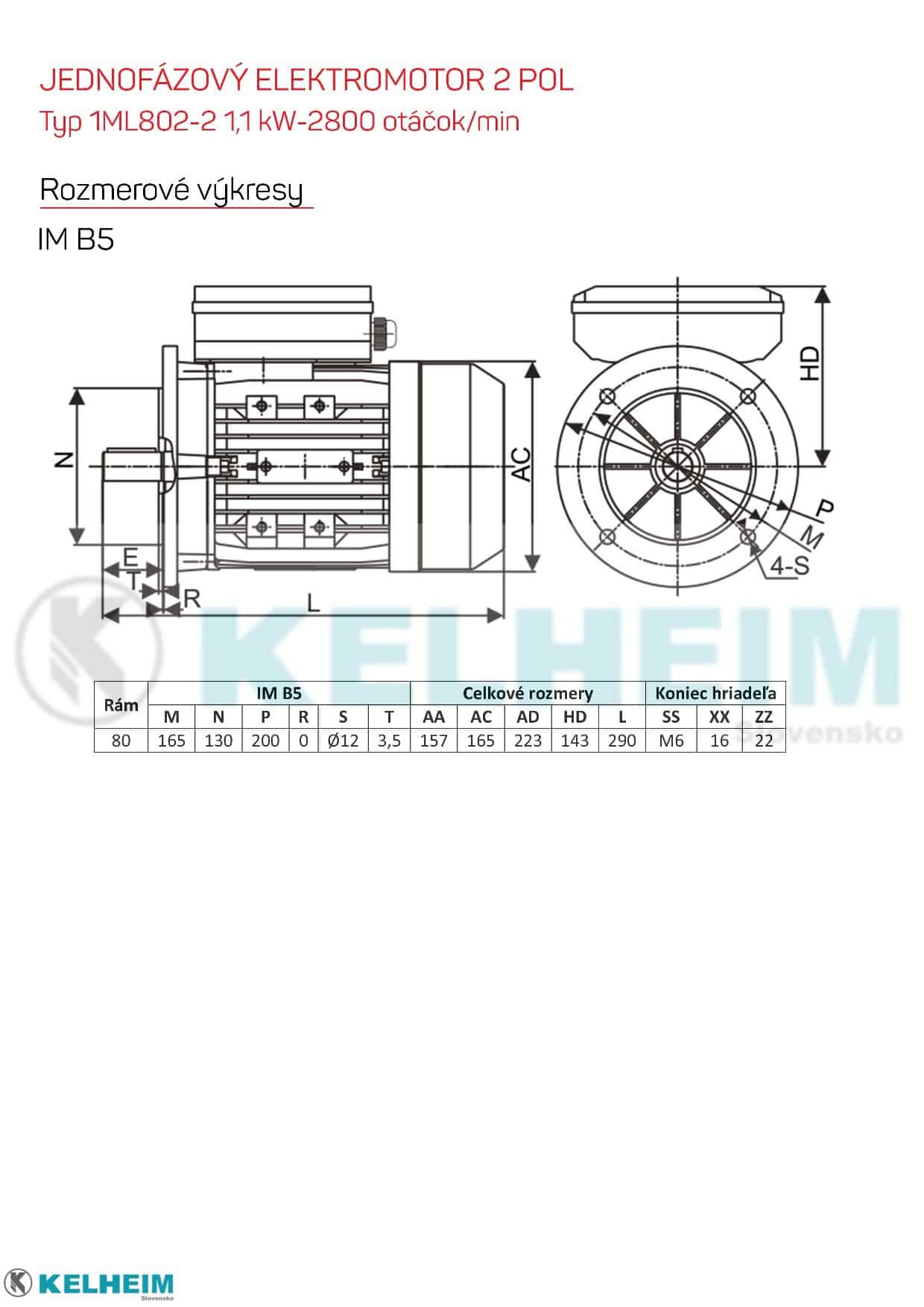 rozměrový výkres - jednofázový elektromotor 1,1kw