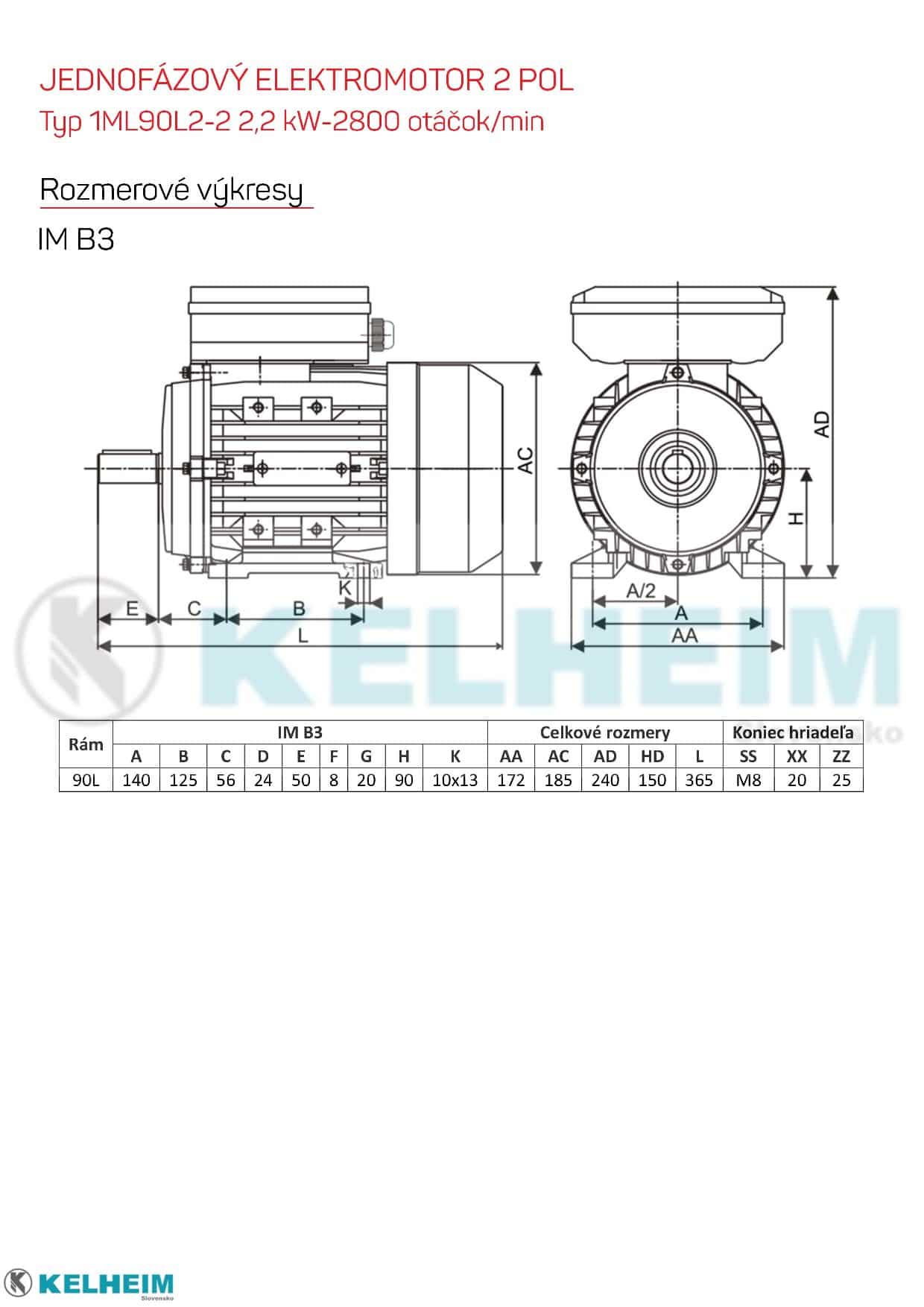 rozměrový výkres - jednofázový elektromotor 2,2kw