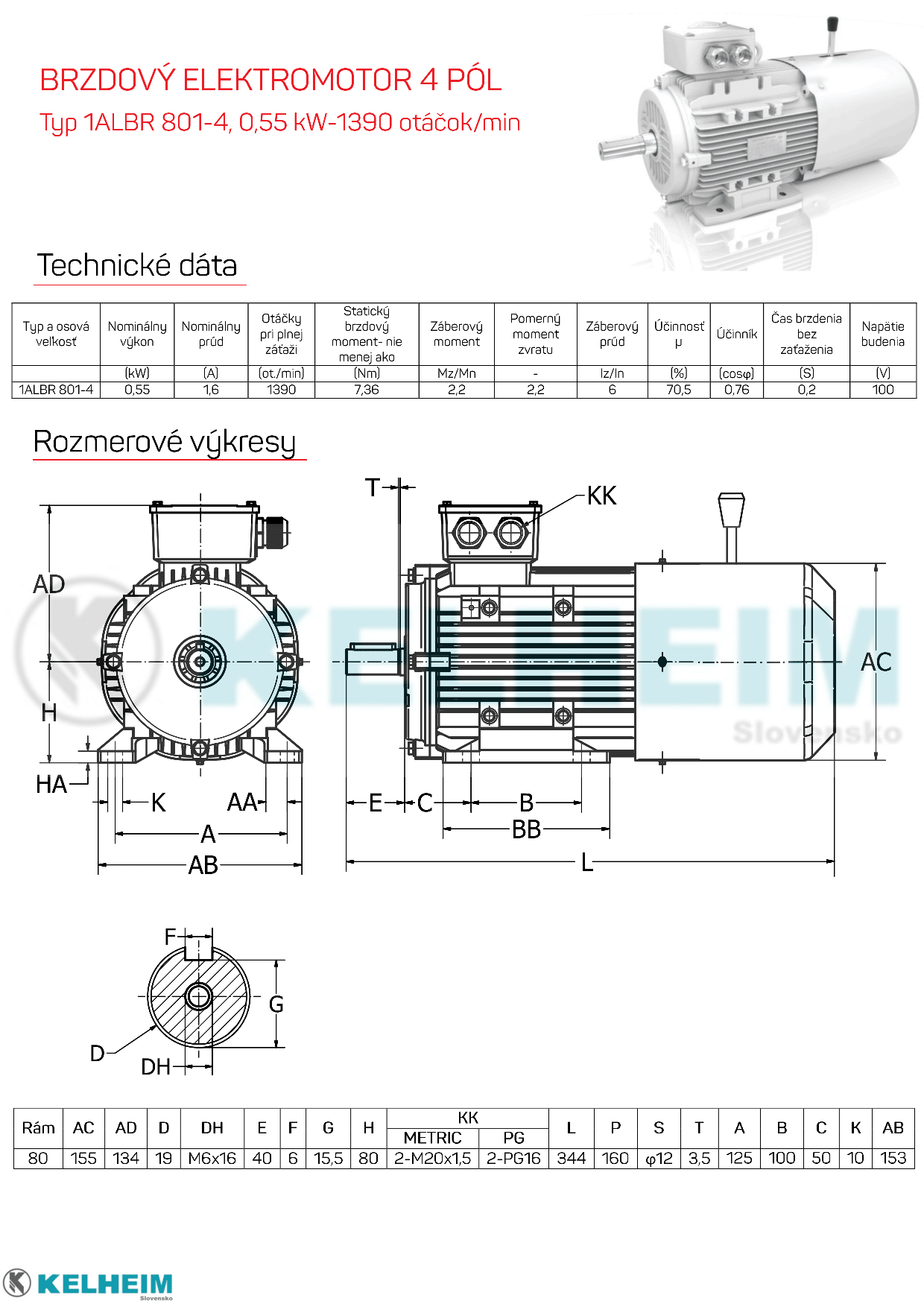 rozměrový výkres - elektromotor s brzdou 0,55kw