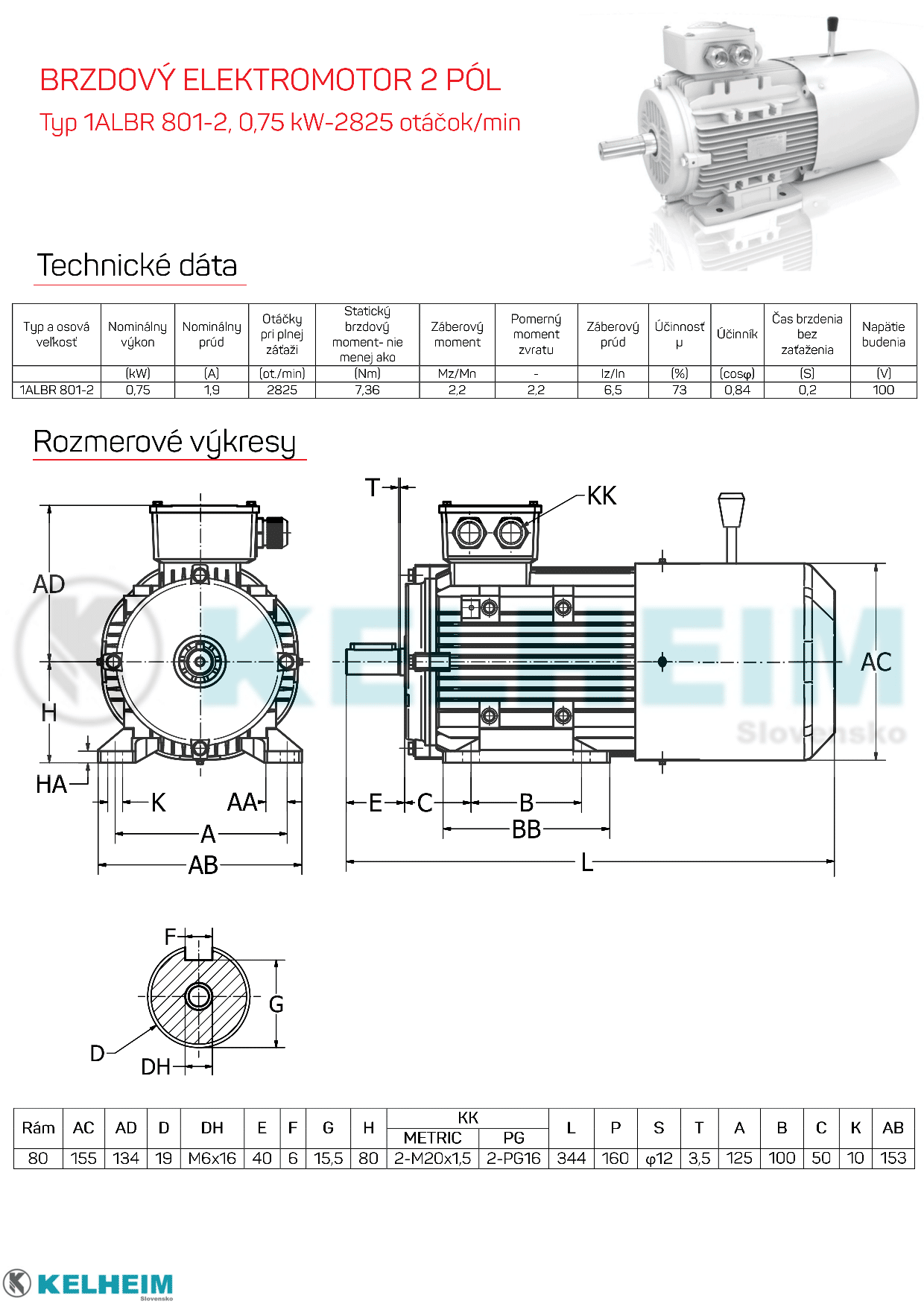 rozměrový výkres - elektromotor s brzdou 0,75kw