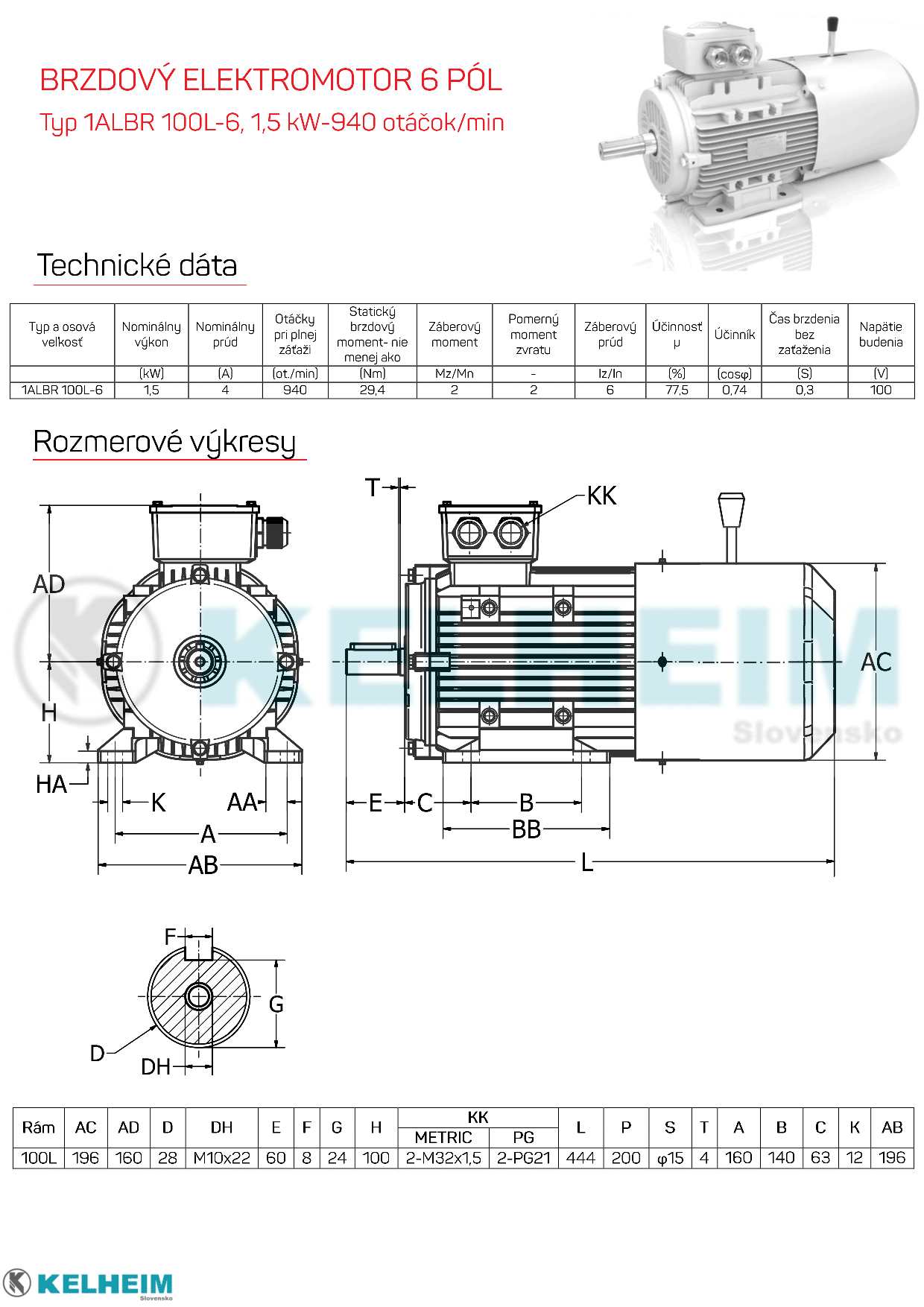 rozměrový výkres - elektromotor s brzdou 1,5kw