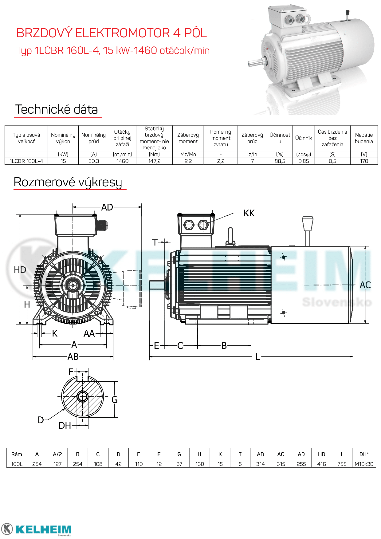 rozměrový výkres - elektromotor s brzdou 15kw