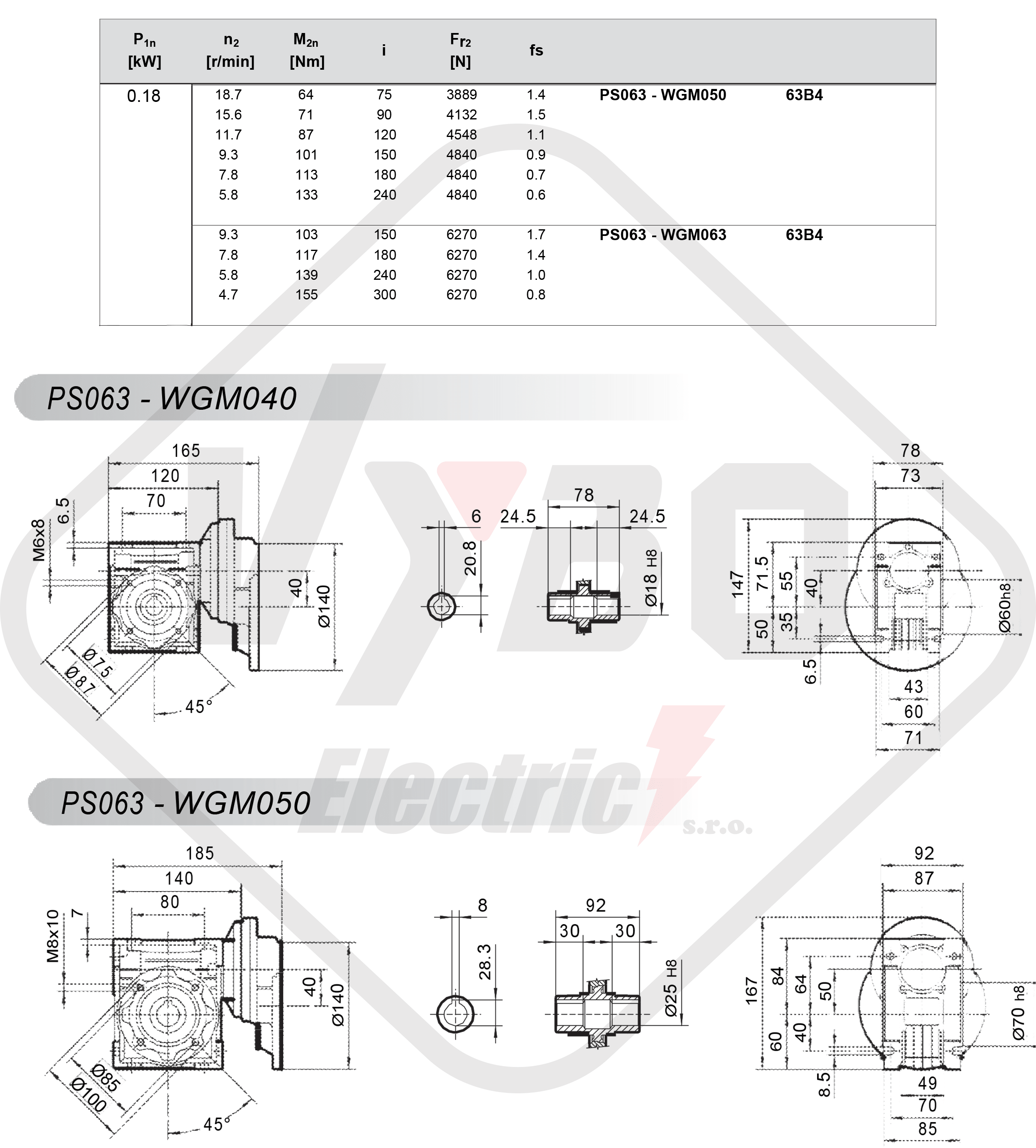 parametry výkonu čelní mezipřevodovka PS063