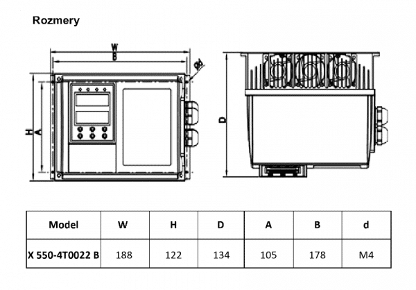 rozměrový výkres frekvenční měnič X550 4T0022