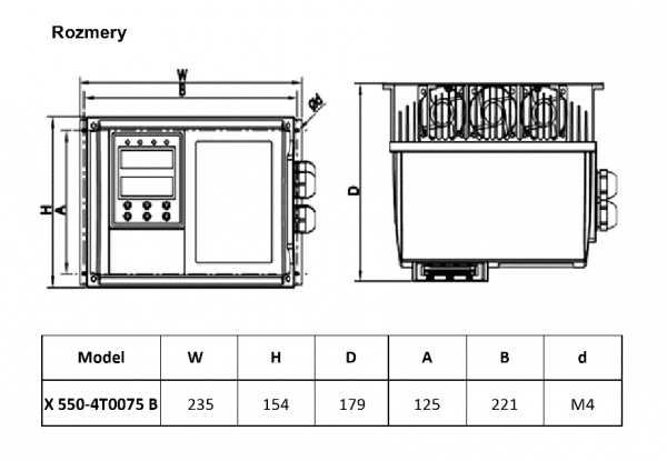 rozměrový výkres frekvenční měnič X550 4T0075
