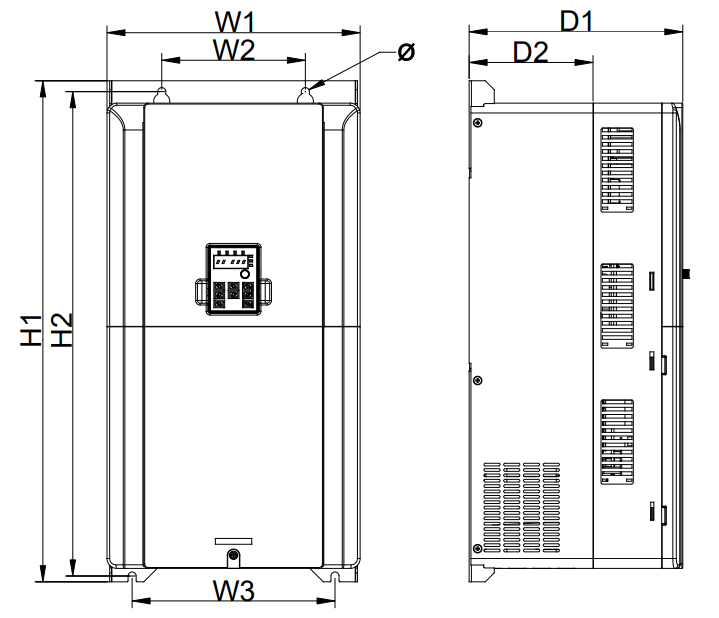 rozměrový výkres frekvenční měnič GD20 45kW až 75kW