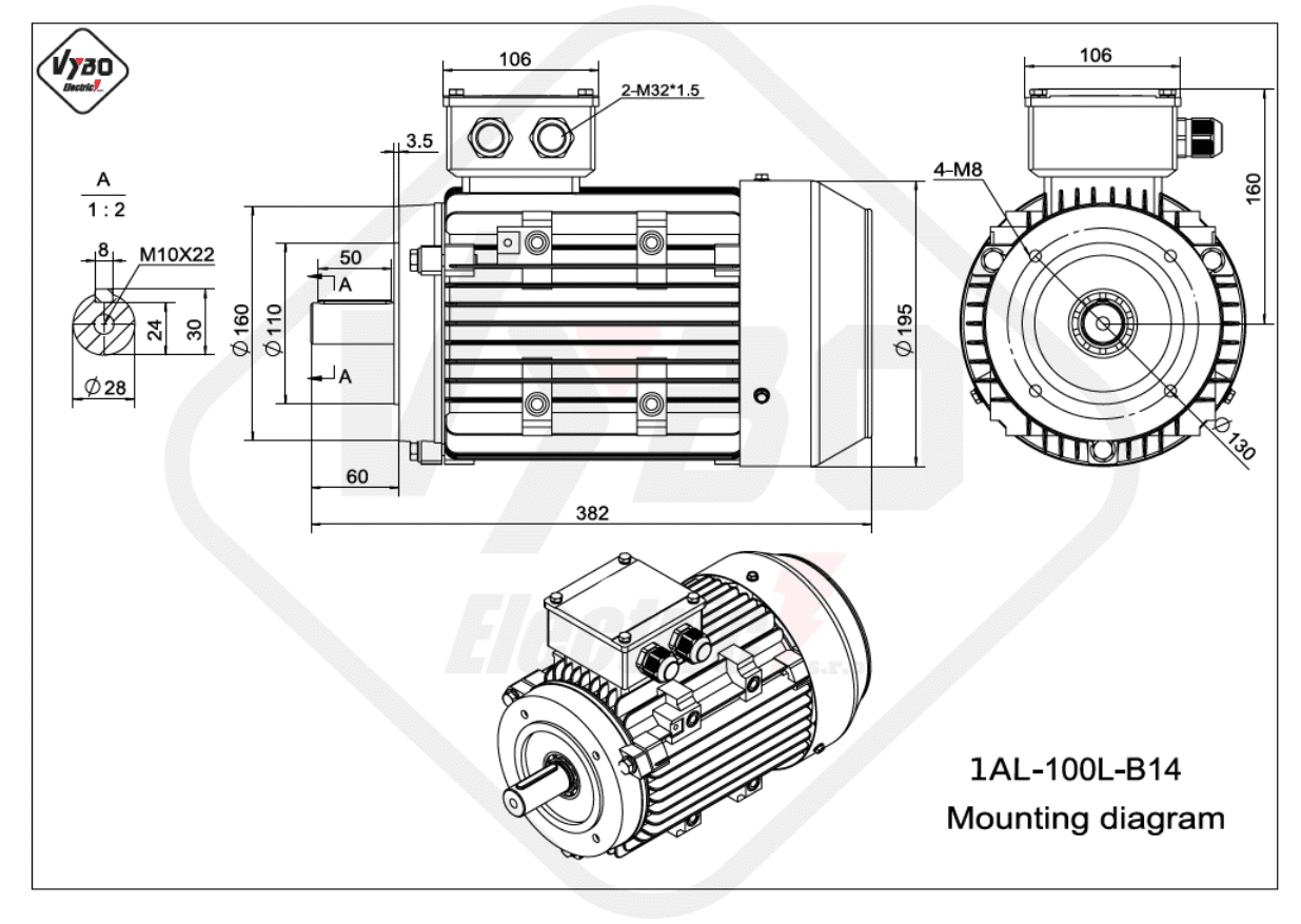 rozměrový výkres elektromotor 1AL-100L-B14