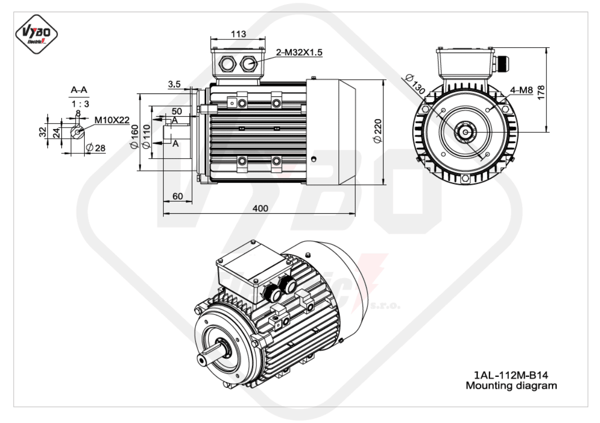 rozměrový výkres elektromotor 1AL-112M-B14