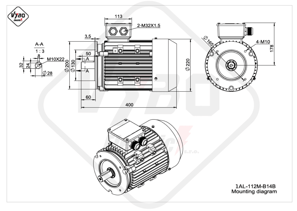 rozměrový výkres elektromotor 1AL-112M-B14B