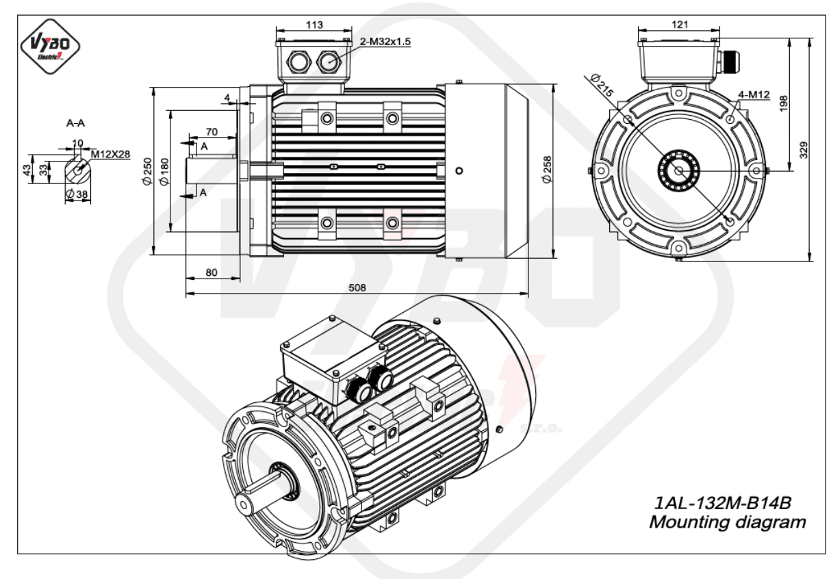 rozměrový výkres elektromotor 1AL-132M-B14B