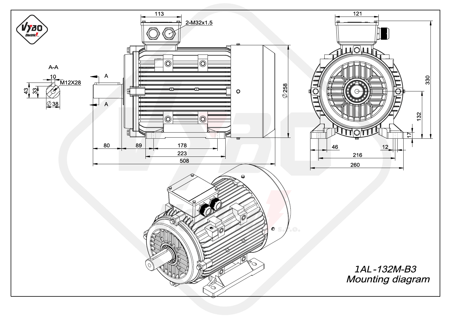 rozměrový výkres elektromotor 1AL-132M-B3