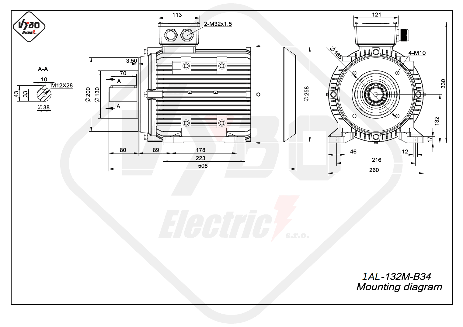 rozměrový výkres elektromotor 1AL-132M-B34