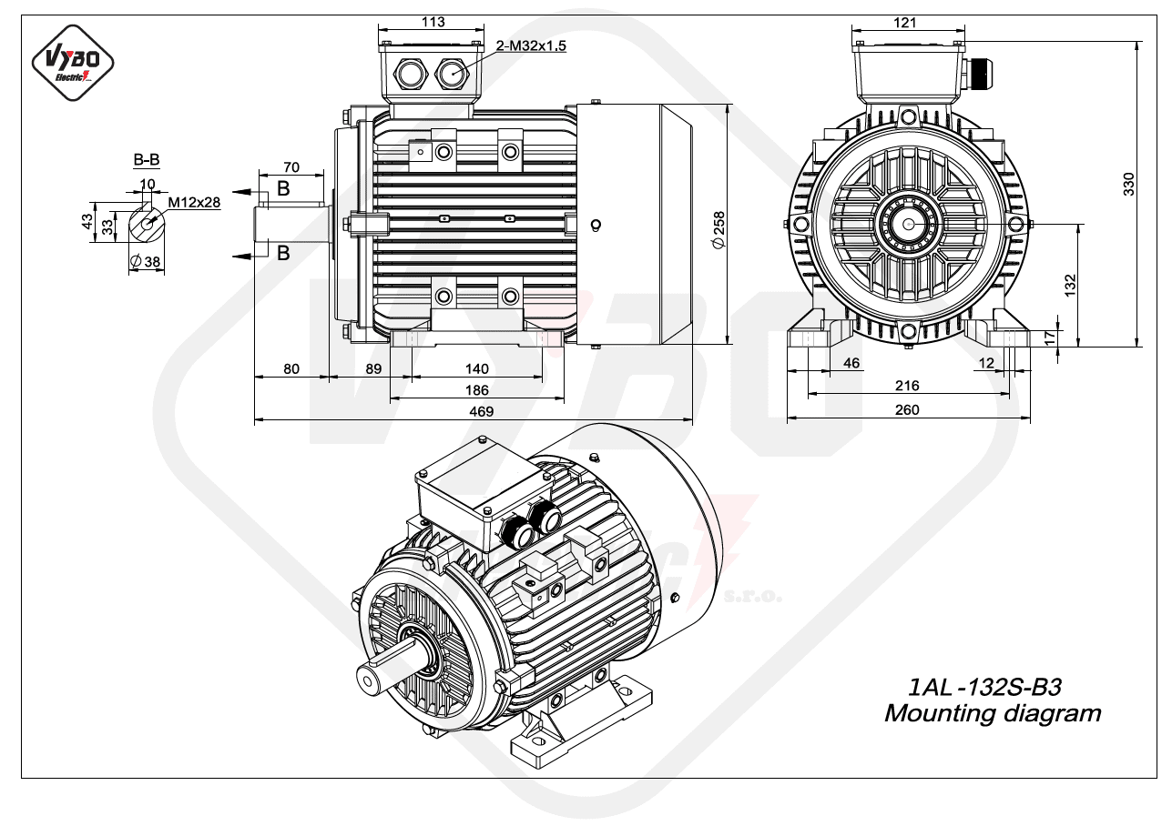rozměrový výkres elektromotor 1AL-132S-B3