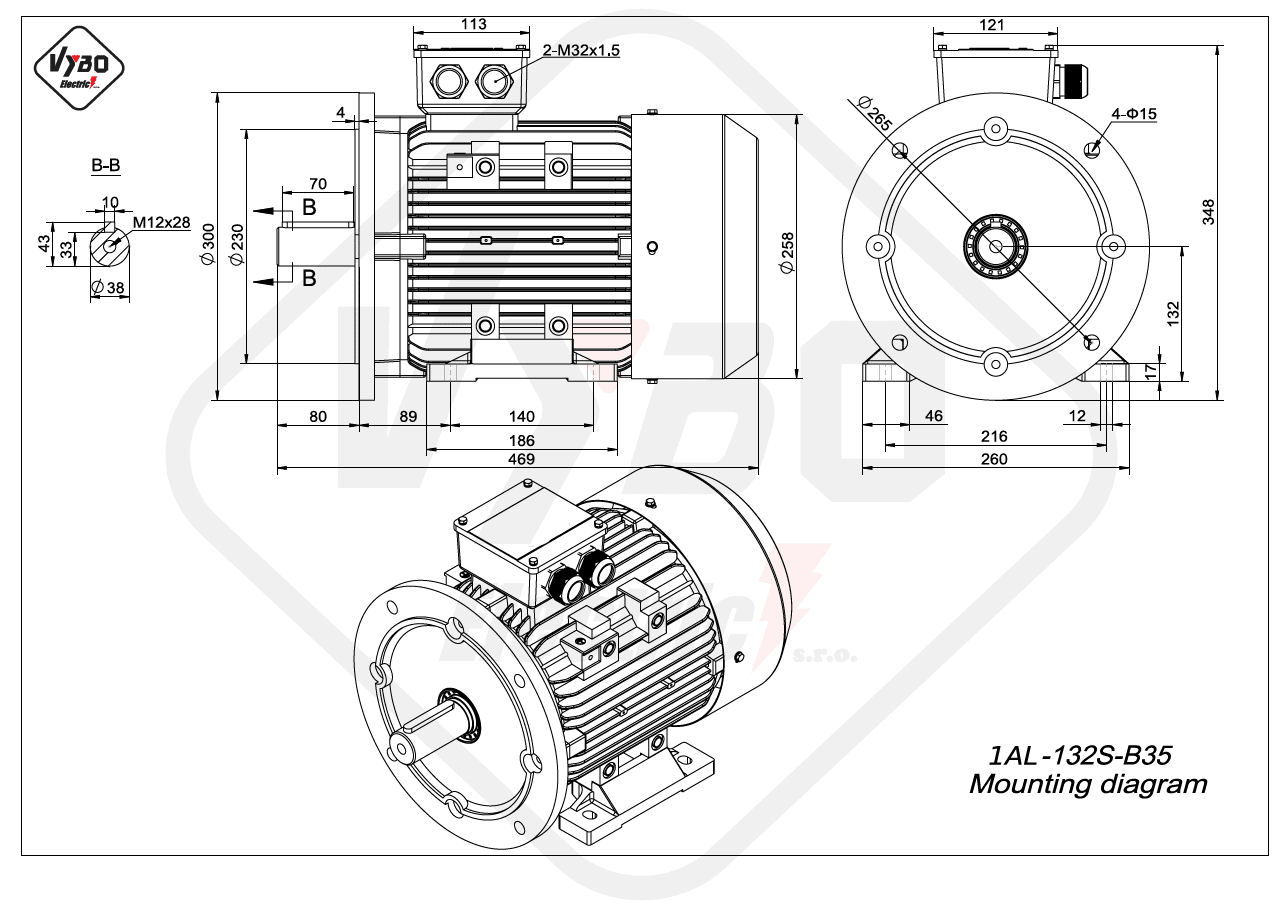 rozměrový výkres elektromotor 1AL-132S-B35