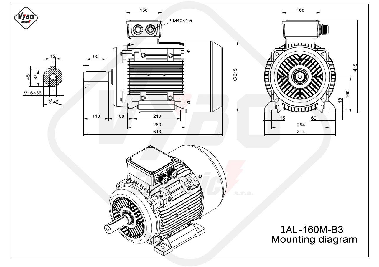 rozměrový výkres elektromotor 1AL-160M-B3