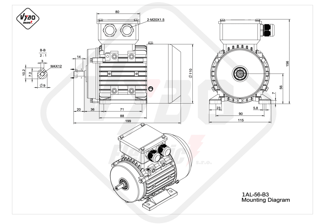 rozměrový výkres elektromotor 1AL-56-B3