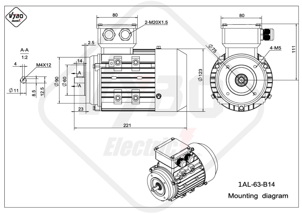 rozměrový výkres elektromotor 1AL-63-B14