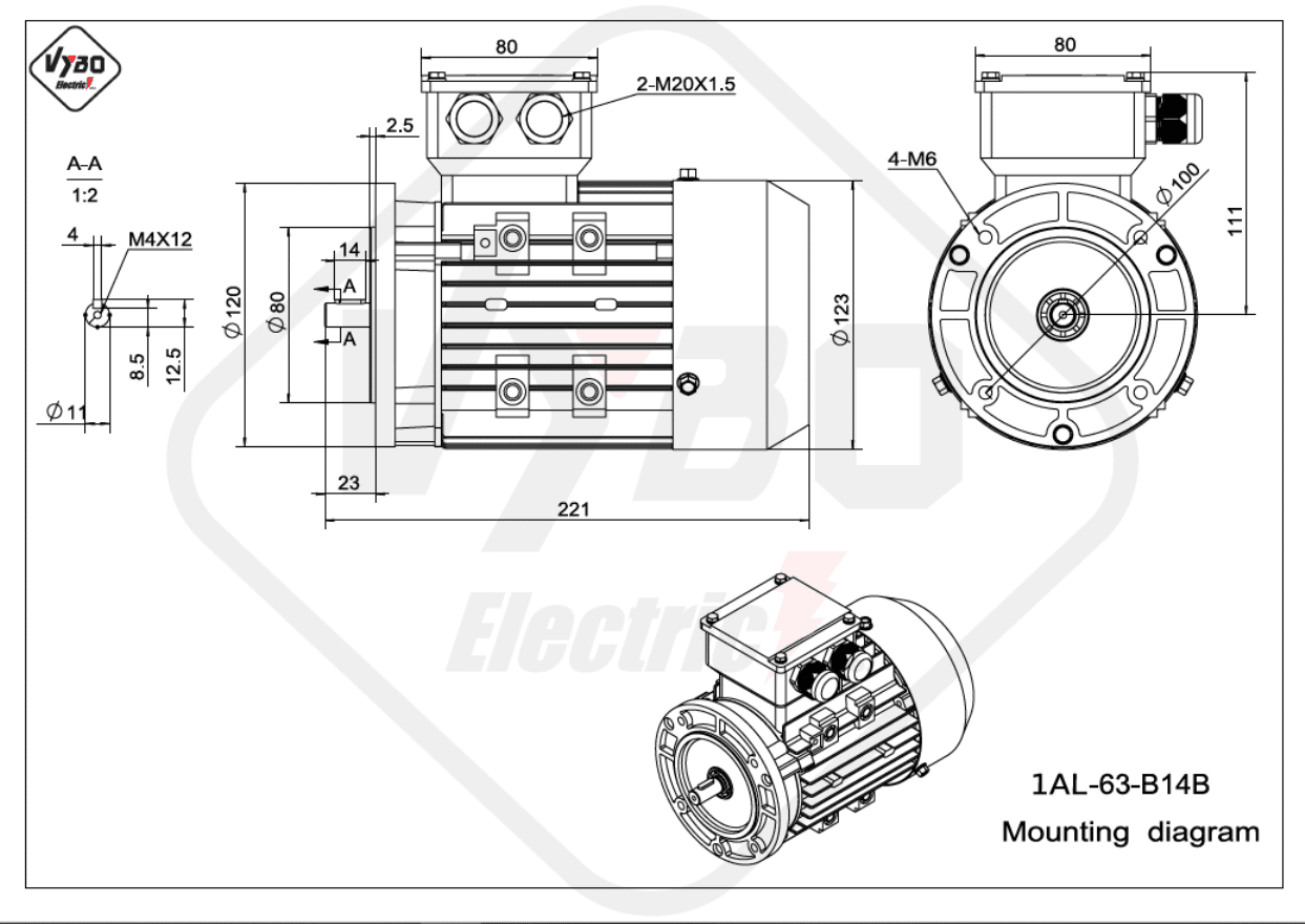 rozměrový výkres elektromotor 1AL-63-B14B