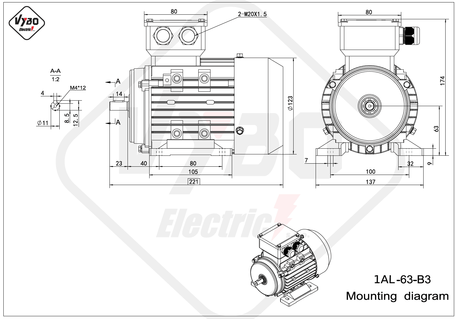 rozměrový výkres elektromotor 1AL-63-B3