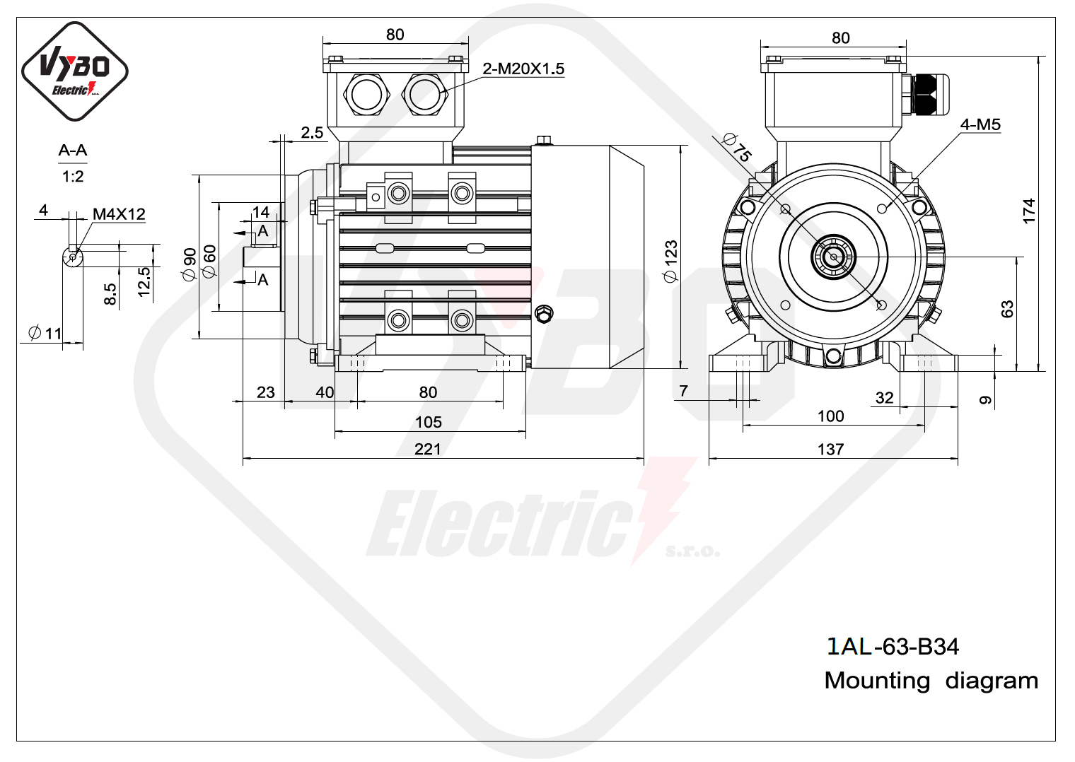 rozměrový výkres elektromotor 1AL-63-B34