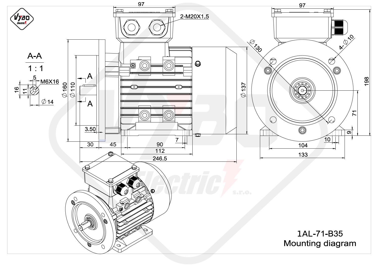 rozměrový výkres elektromotor 1AL-71-B35