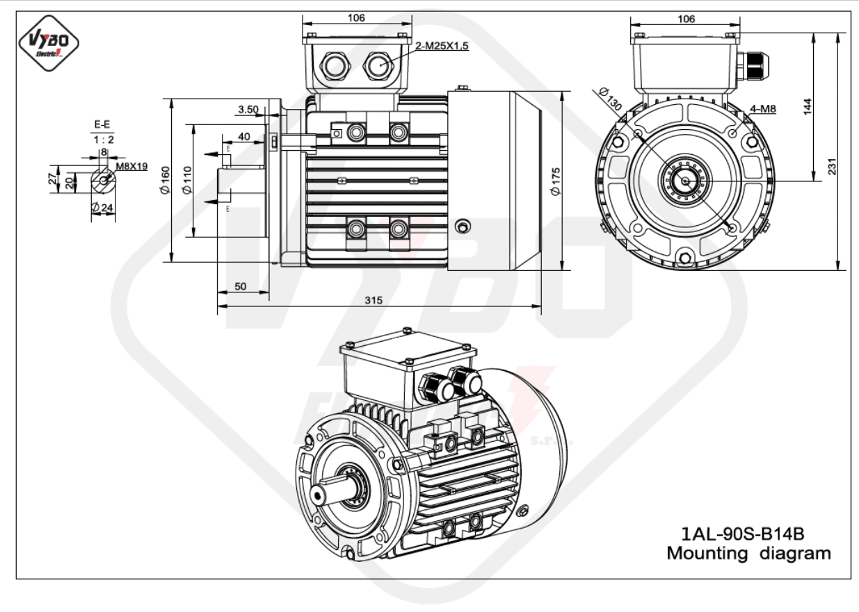 rozměrový výkres elektromotor 1AL-90S-B14B