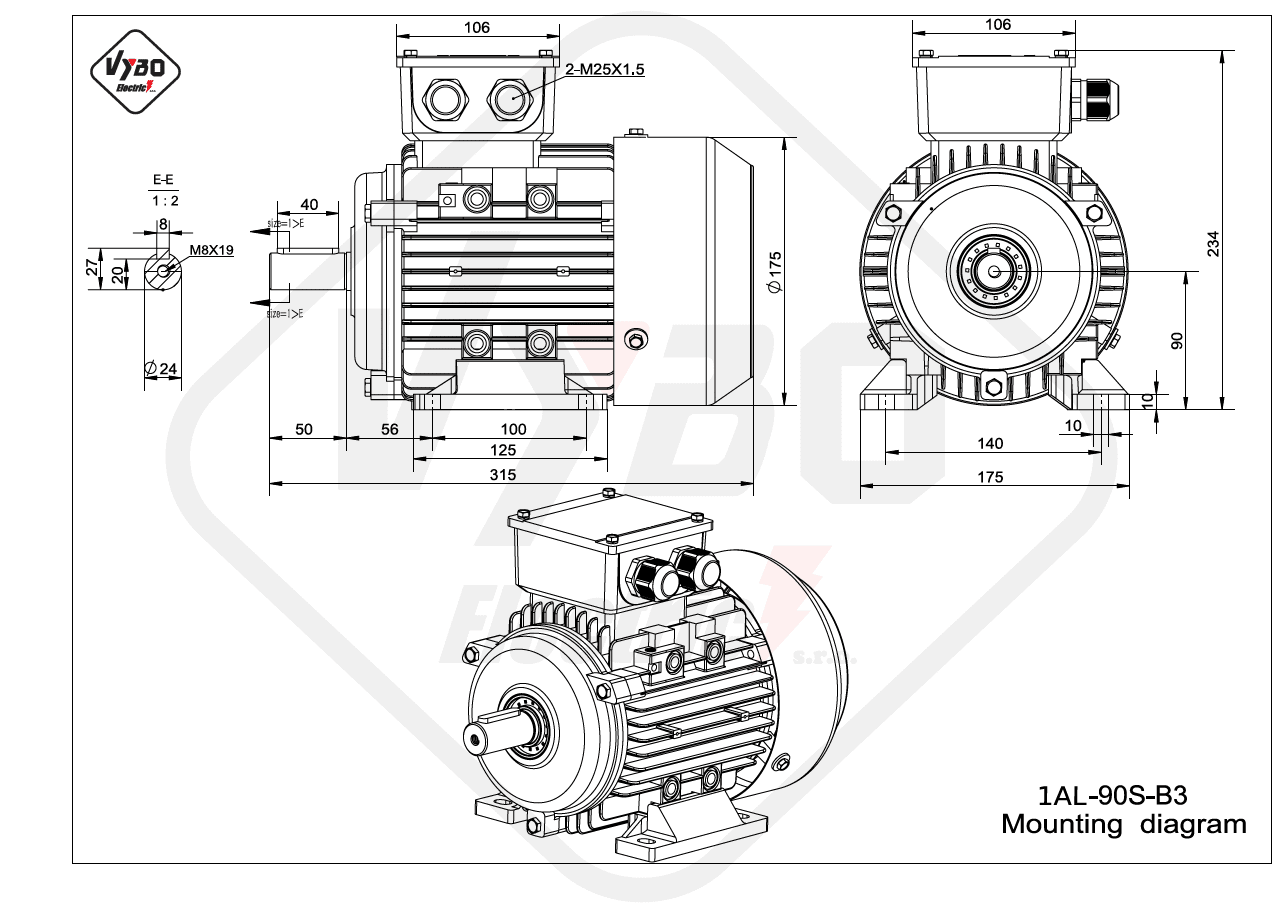 rozměrový výkres elektromotor 1AL-90S-B3