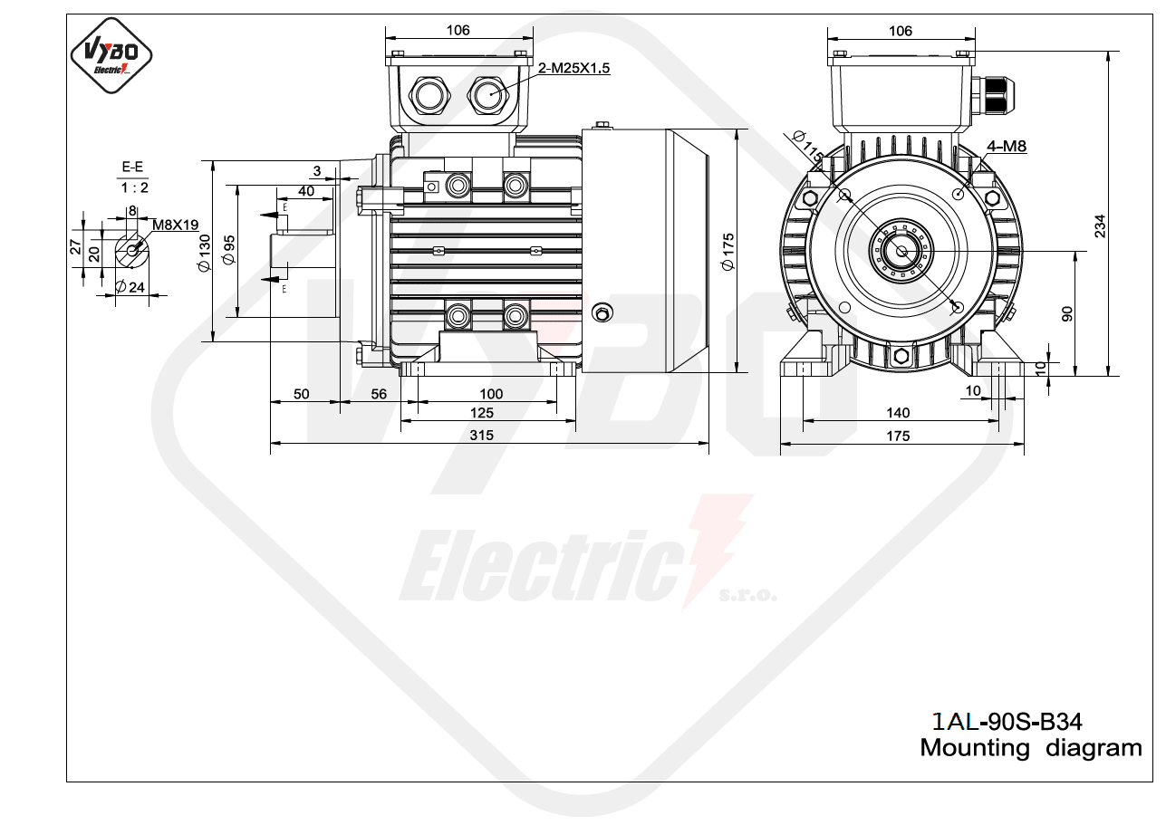 rozměrový výkres elektromotor 1AL-90S-B34